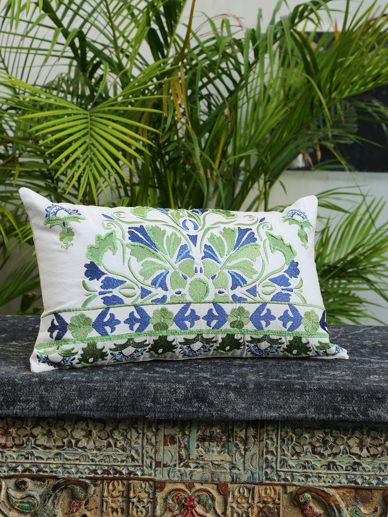 Nature Inspired- Off-White Cushion Cover with Blue and Green Motifs