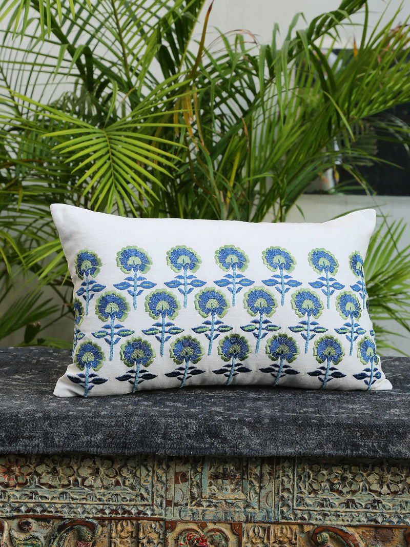 Nature Inspired- Off-White Cushion Cover with Blue and Green Flowers