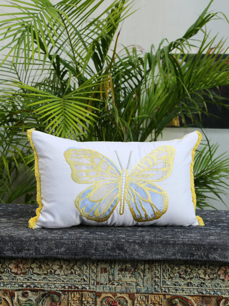 Enchanted Dream Scapes - Office White Cushion Cover With Butterfly Applique