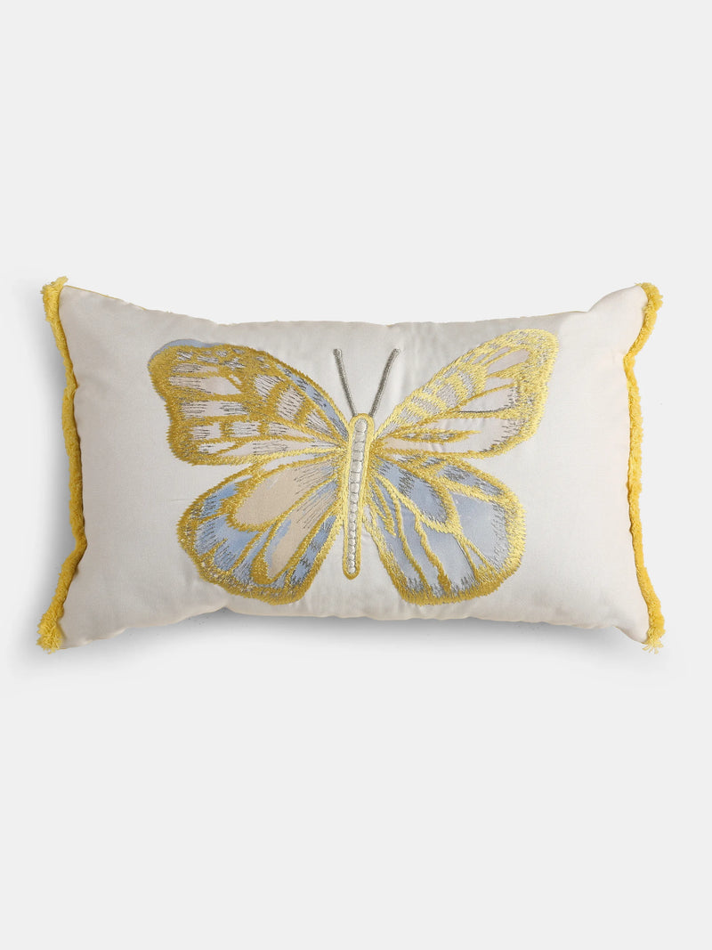 Enchanted Dream Scapes - Office White Cushion Cover With Butterfly Applique