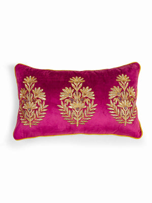 Velvet Cushion Cover - Violet Embellished With Mogul Flower Design Pillow Style
