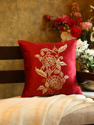 Velvet Cushion Cover - Burgundy Embellished Center Flower Design