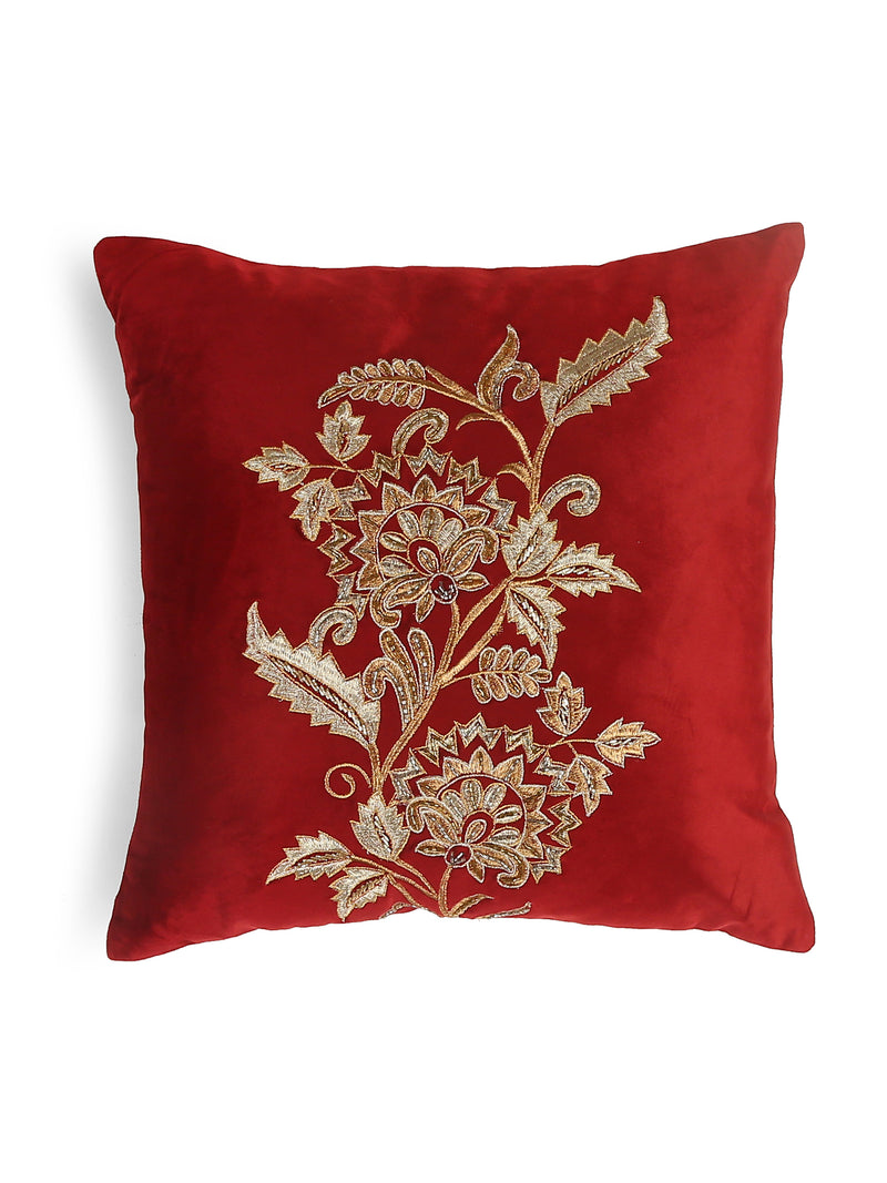 Velvet Cushion Cover - Burgundy Embellished Center Flower Design