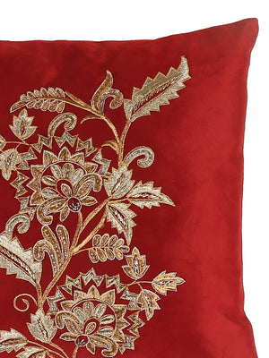 Velvet Cushion Cover - Burgundy Embellished Center Flower Design