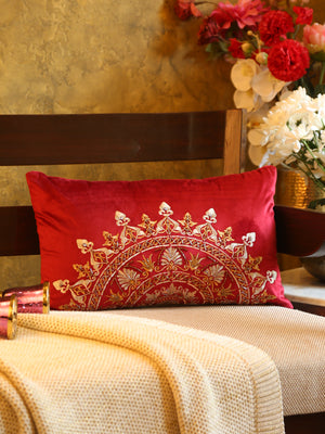 Velvet Cushion Cover - Burgundy Embroidered Mandala Design