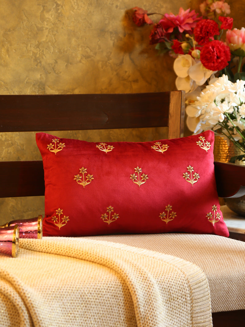 Velvet Cushion Cover - Burgundy Embroidered Flower Design