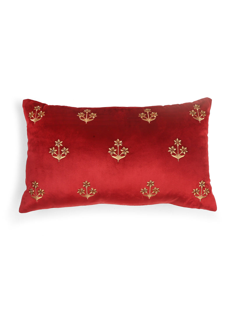 Velvet Cushion Cover - Burgundy Embroidered Flower Design