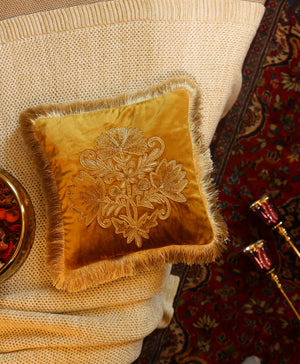 Velvet Cushion Cover - Mogul Design Mustard With Frings