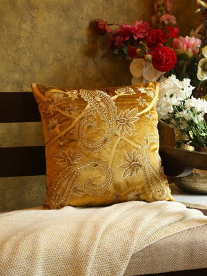 Velvet Cushion Cover - Mustard Paisley Design Embroidered