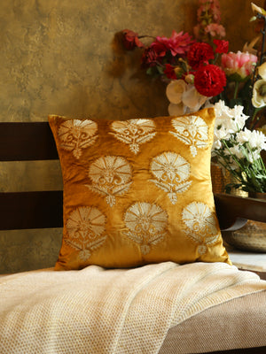 Velvet Cushion Cover - Mustard Flower Design Embellished