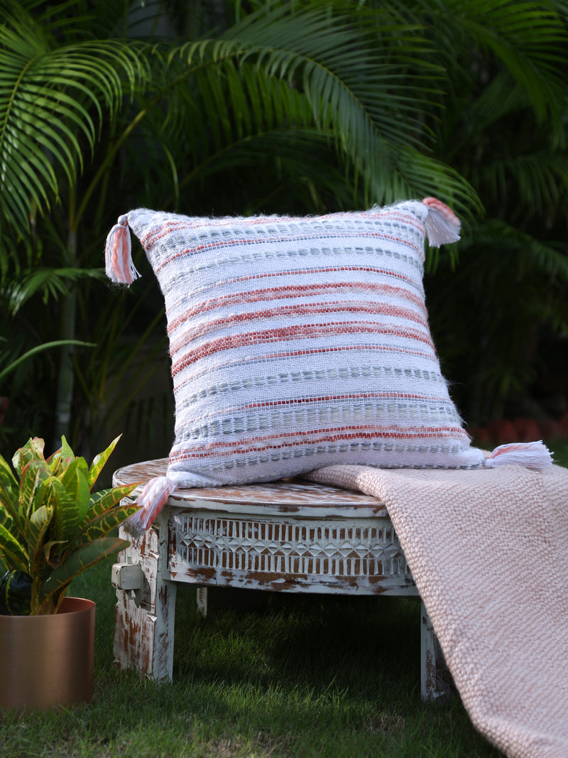 Ivory, Rust and Green Woven Cushion Cover with Tassels (Set of 2)