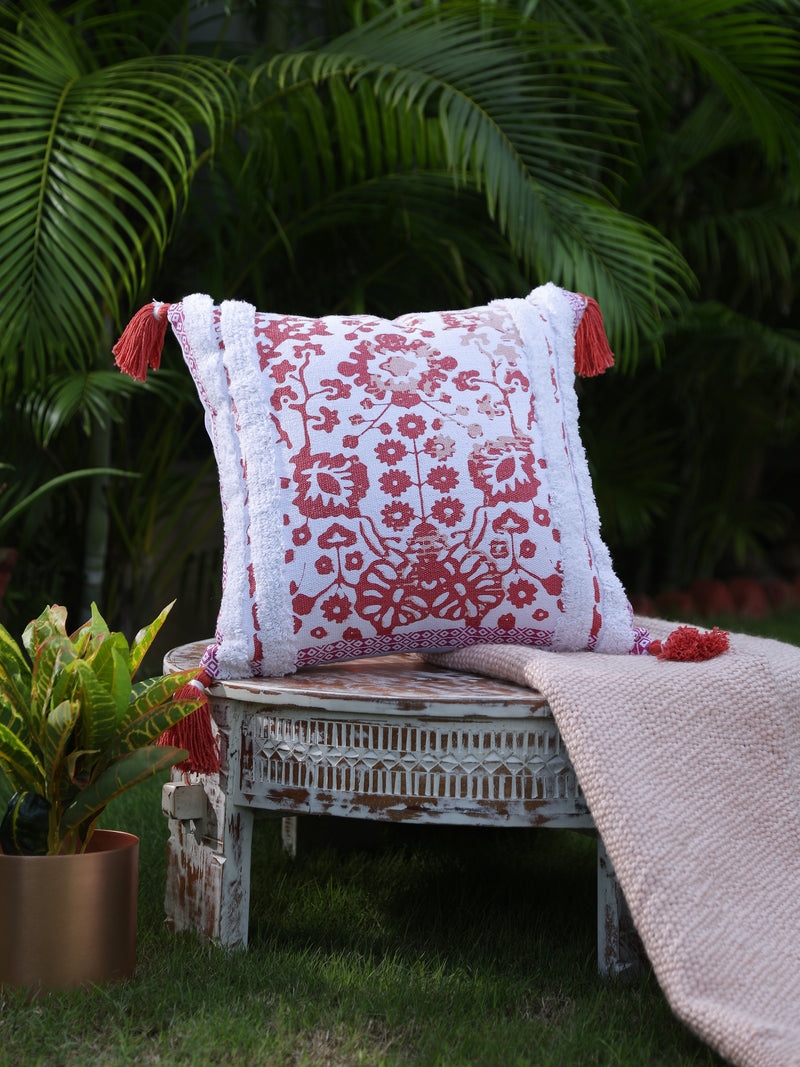 Peach flower printed cushion cover with fringes and tassels (Set of 2)