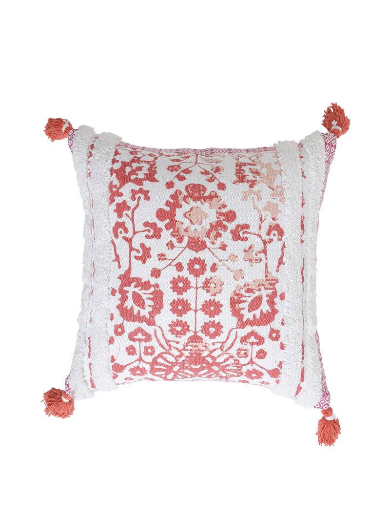 Peach flower printed cushion cover with fringes and tassels (Set of 2)