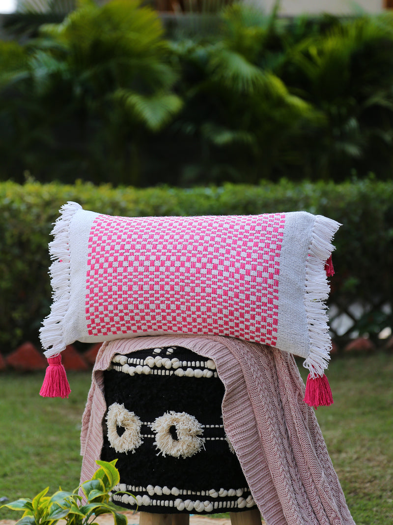 Hand woven cushion cover with tassels  and fringes in pink and white (Set of 2)