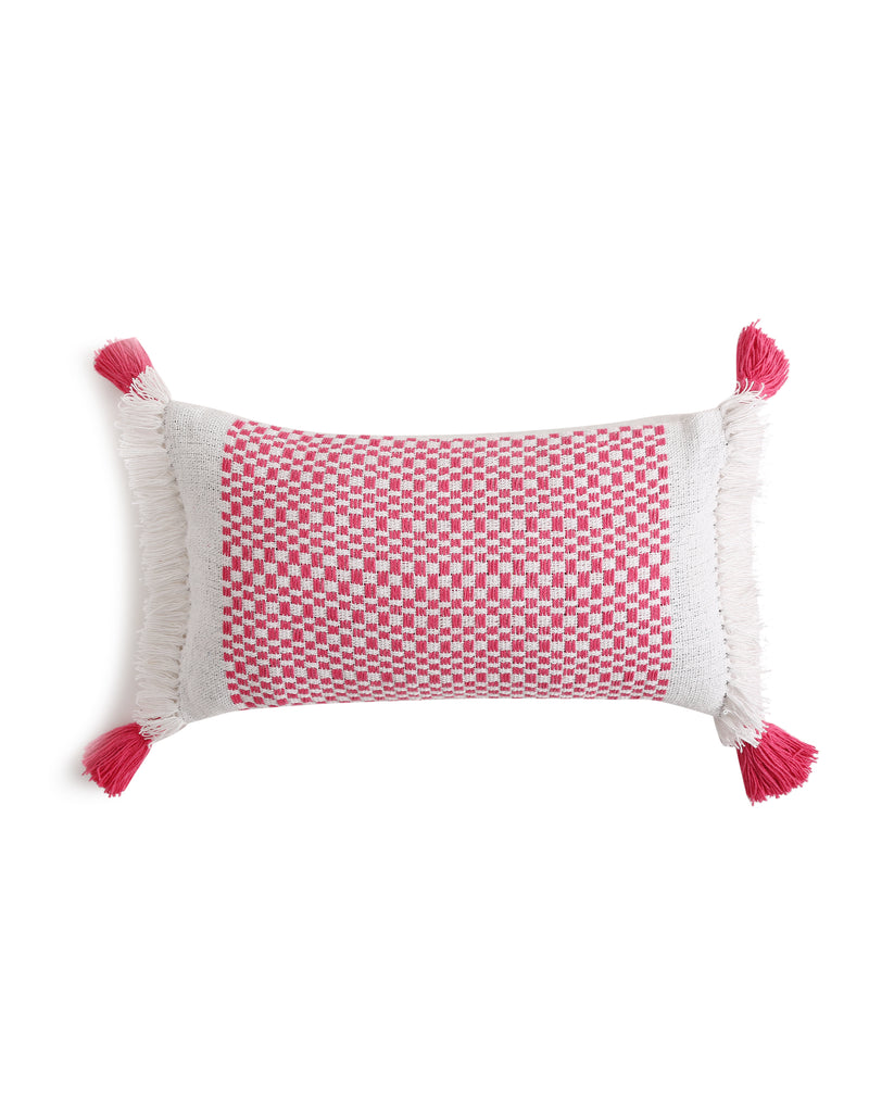 Hand woven cushion cover with tassels  and fringes in pink and white (Set of 2)