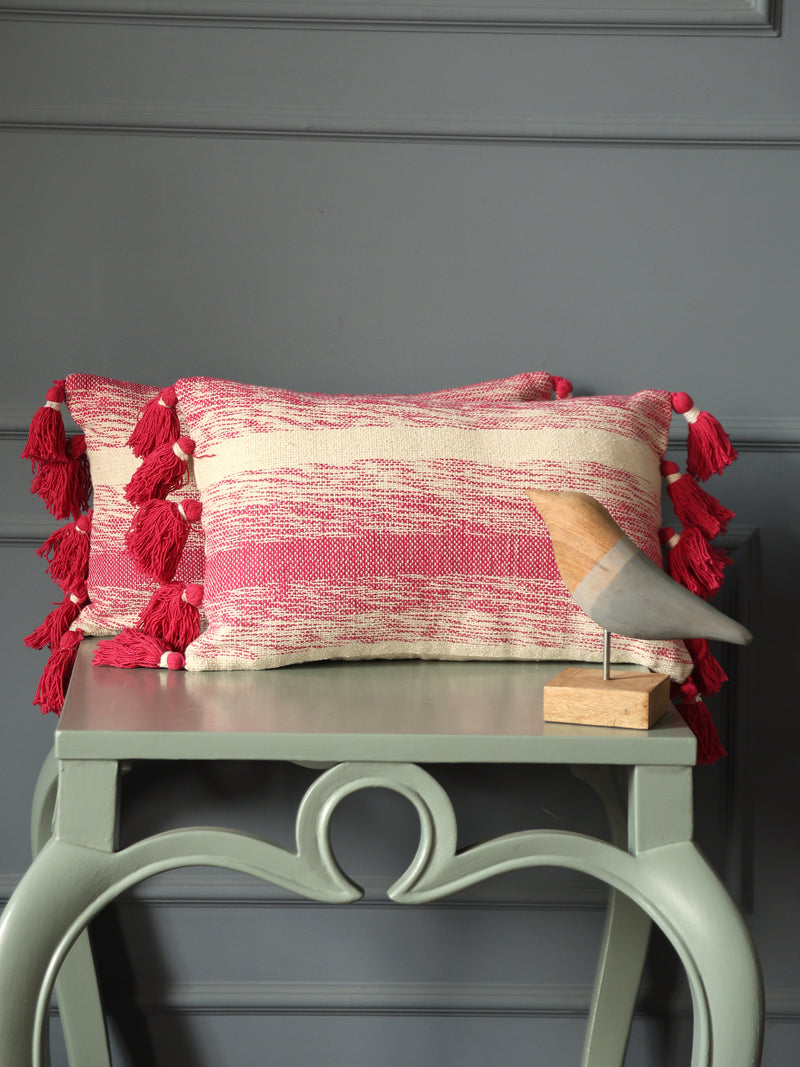 Pink and white hand woven cushion cover with pink tassels (Set of 2)