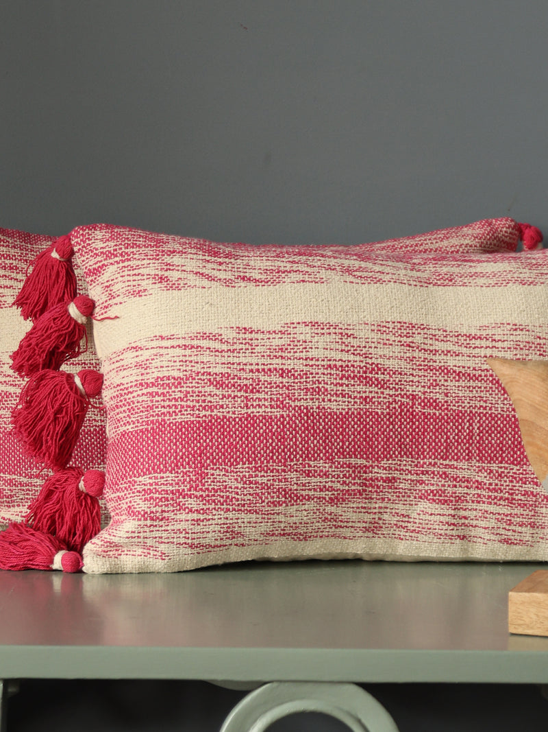 Pink and white hand woven cushion cover with pink tassels (Set of 2)