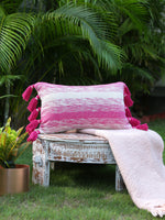 Pink and white hand woven cushion cover with pink tassels (Set of 2)