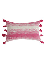 Pink and white hand woven cushion cover with pink tassels (Set of 2)