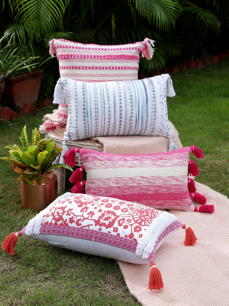 Pink and white hand woven cushion cover with pink tassels (Set of 2)