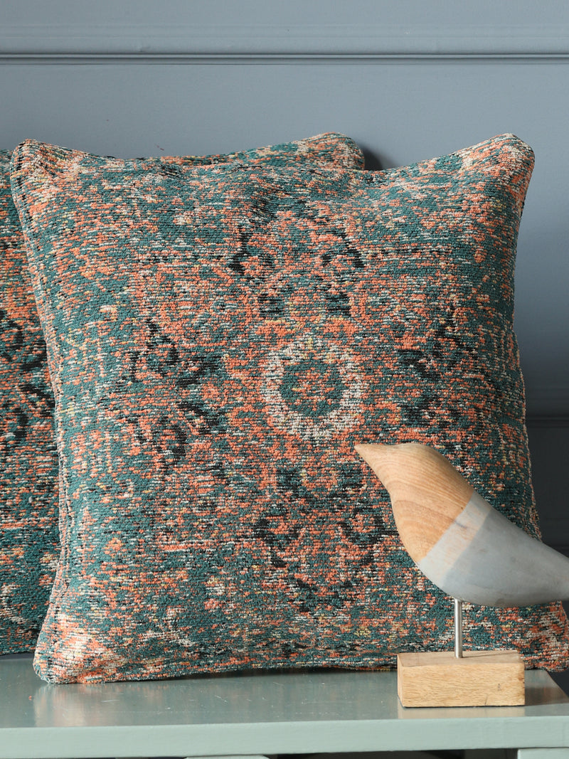 Jacquard Cotton Chenille Cushion cover in Persian motif - Teal (Set of 2)