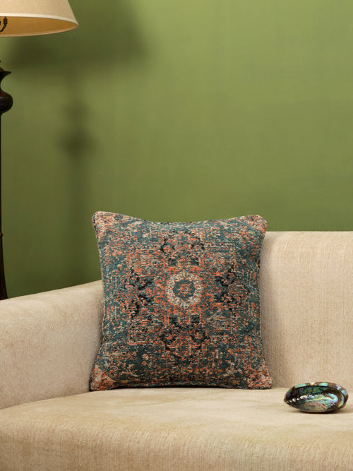 Jacquard Cotton Chenille Cushion cover in Persian motif - Teal (Set of 2)