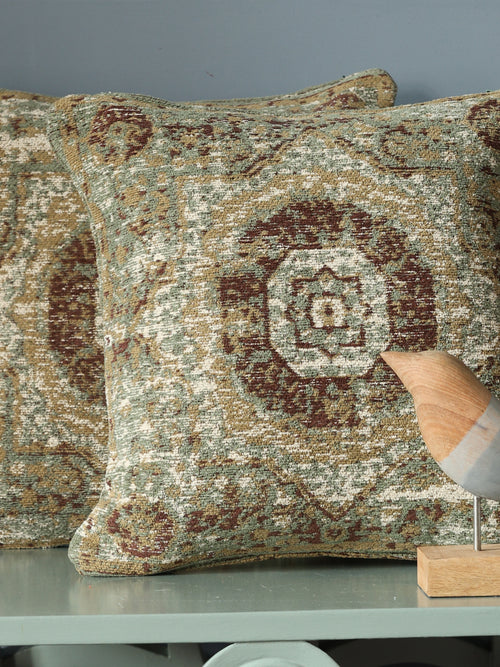 Jacquard Cotton Chenille Cushion cover in Persian motif - Green & Multicolor (Set of 2)