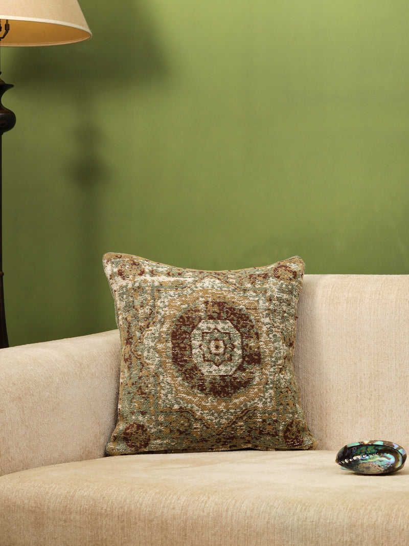 Jacquard Cotton Chenille Cushion cover in Persian motif - Green & Multicolor (Set of 2)