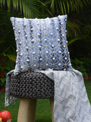 Cotton Duck Shibori Dyed with cord embroidery and crochet work handcrafted cushion cover