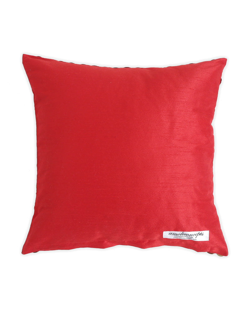 Cushion Cover - Patra Work In Red Faux Silk