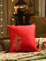 Unique Design hand embroidered beaded cushion cover in Red faux silk