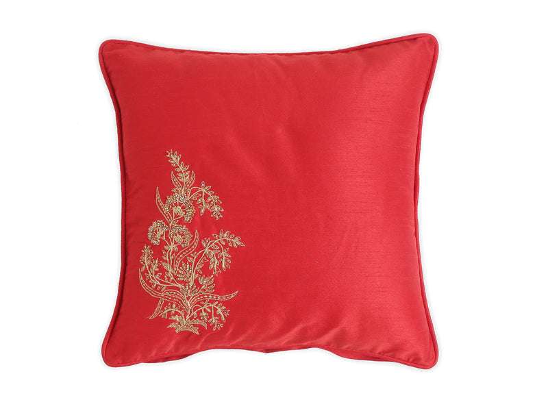 Unique Design hand embroidered beaded cushion cover in Red faux silk