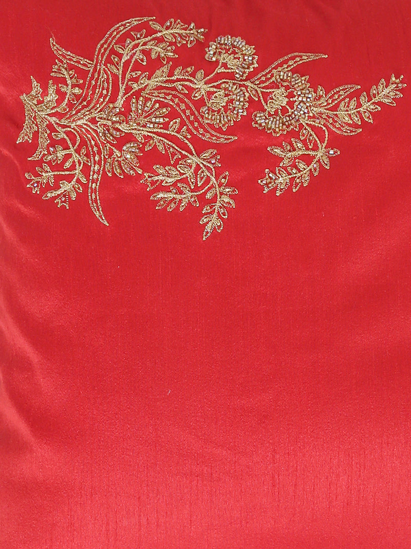 Unique Design hand embroidered beaded cushion cover in Red faux silk