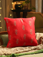 Block printed, hand beaded beautiful red cushion cover in Red faux silk