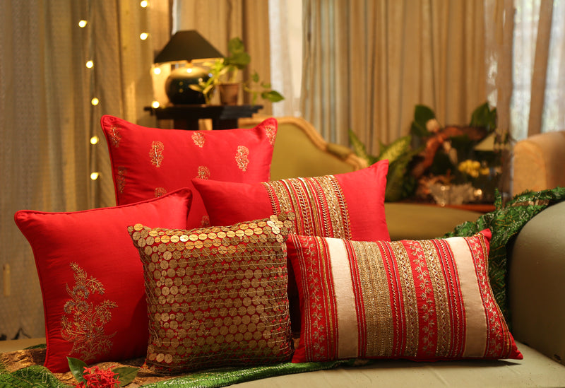 Block printed, hand beaded beautiful red cushion cover in Red faux silk