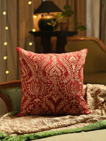 Extensive Zari embroidered cushion cover with hand bead work in Burgundy Viscose Velvet