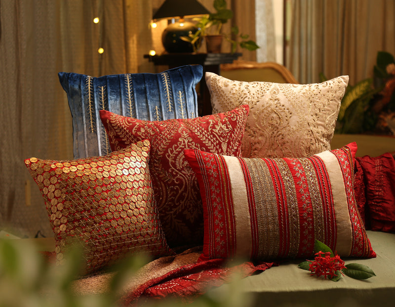 Extensive Zari embroidered cushion cover with hand bead work in Burgundy Viscose Velvet