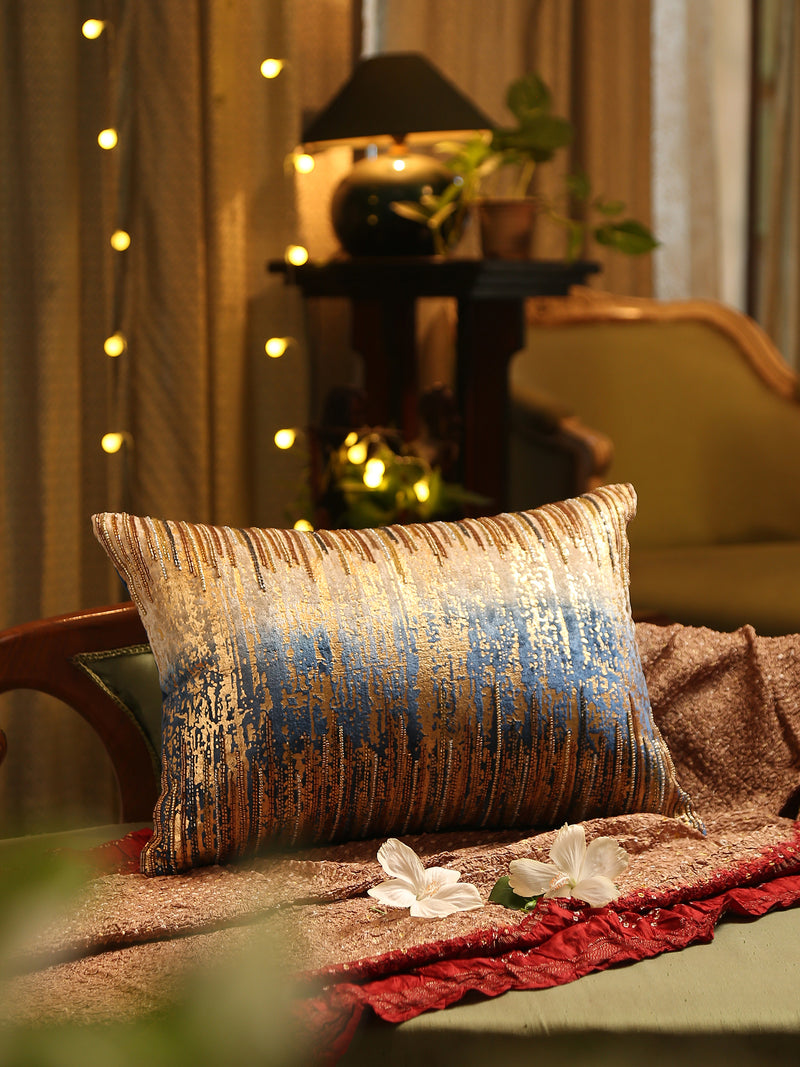 Contemporary style Ombre Blue and Gold tone viscose velvet cushion cover with beautiful embroidery and bead work