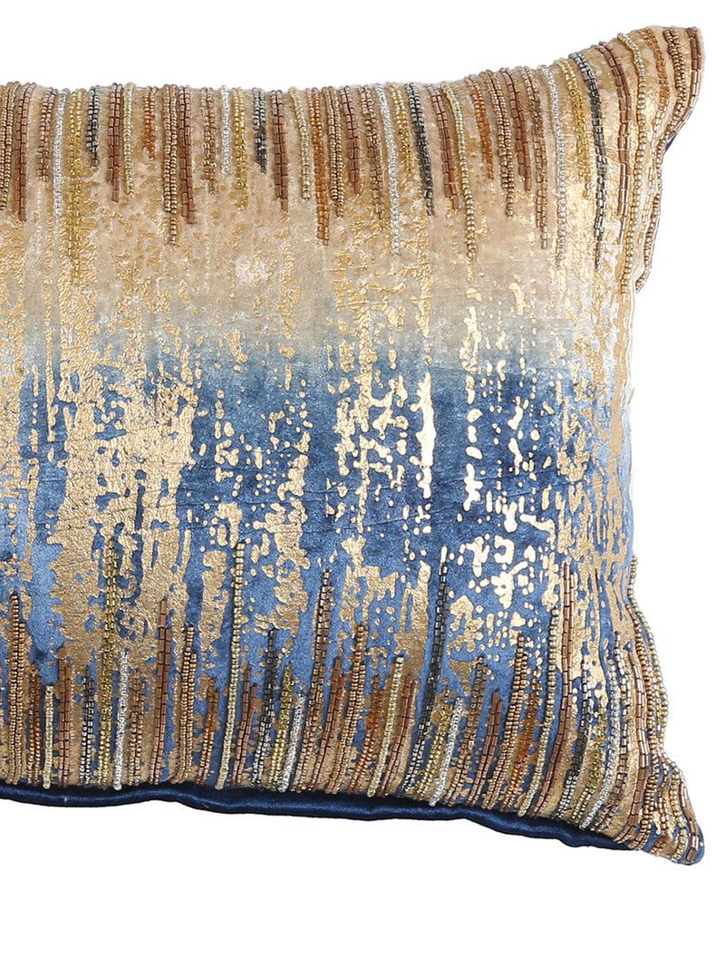 Contemporary style Ombre Blue and Gold tone viscose velvet cushion cover with beautiful embroidery and bead work