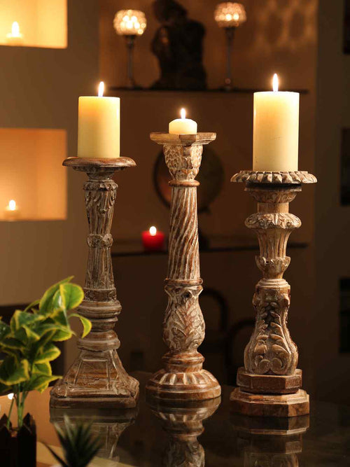 Candle Holder - Hand carved With White Wash Finish - Style 02