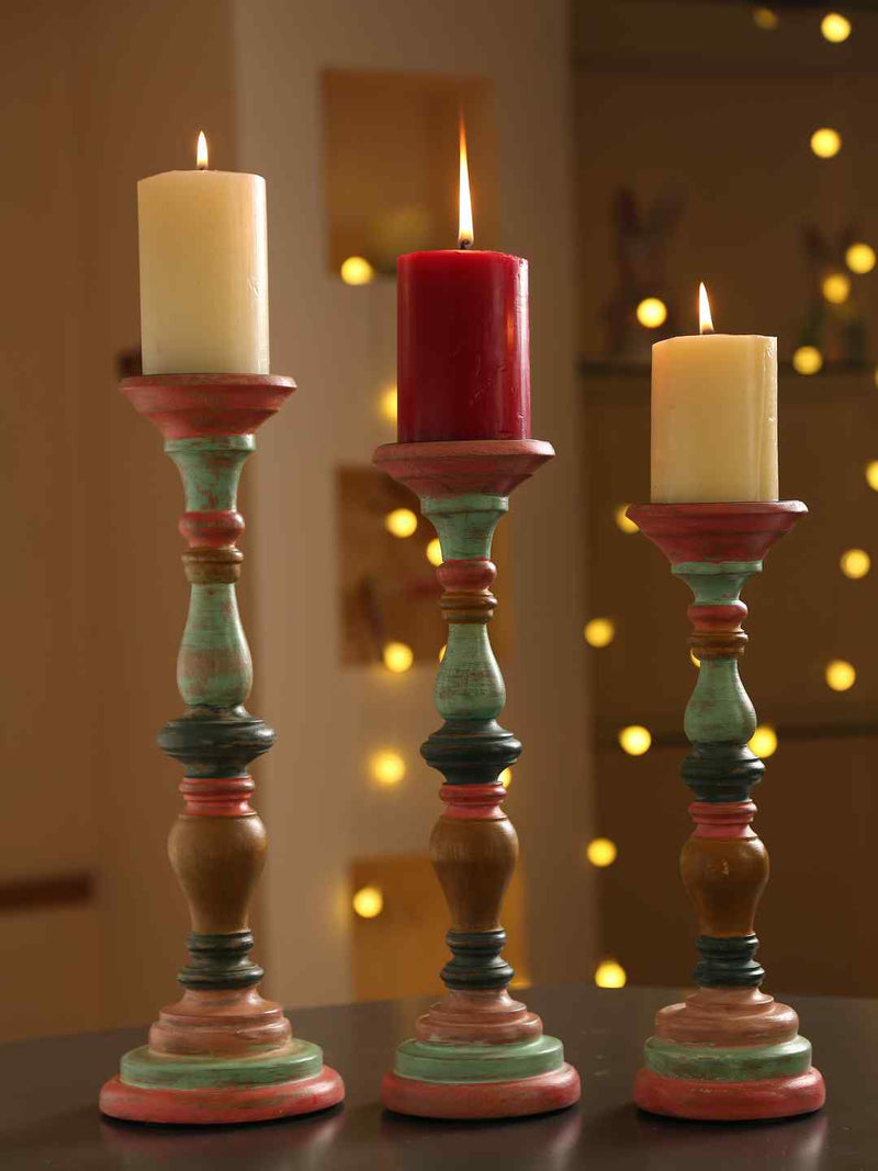 Candle Holder - Multicolor Hand Crafted Wooden In Distress Finish Set of 3