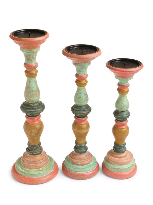 Candle Holder - Multicolor Hand Crafted Wooden In Distress Finish Set of 3