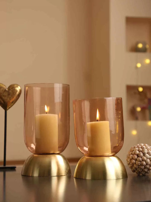 Candle Holder - Peach and Gold Glass Large