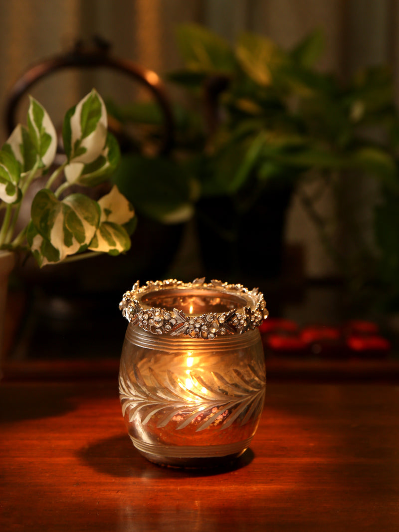 Exclusive Design Glass votive with removable jeweled metal ring in Mercury finish- L