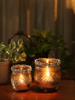 Exclusive Design Glass votive with removable jeweled metal ring in Mercury finish- L