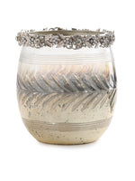 Exclusive Design Glass votive with removable jeweled metal ring in Mercury finish- L