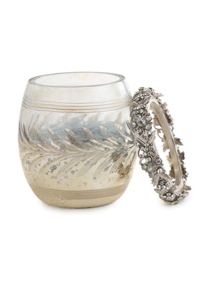 Exclusive Design Glass votive with removable jeweled metal ring in Mercury finish- S