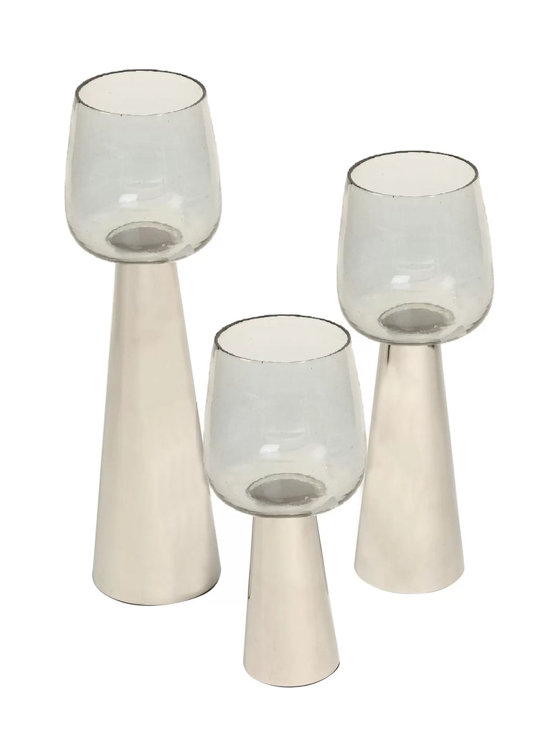 Candle Holder - Smokey Grey Glass Hurricane Set of 3