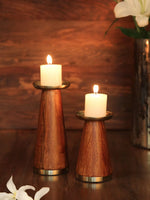 Candle Holder - Wooden Pillar With Brass Top Set of 2