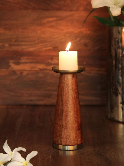 Candle Holder - Wooden Pillar With Brass Top Set of 2
